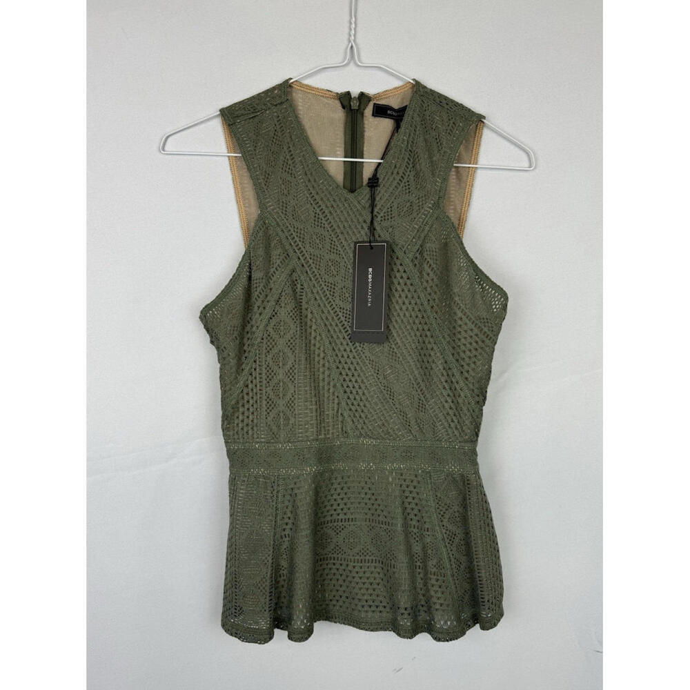 BCBG Maxazria Hanne Geometric Lace Peplum Tank Top Green Size XS